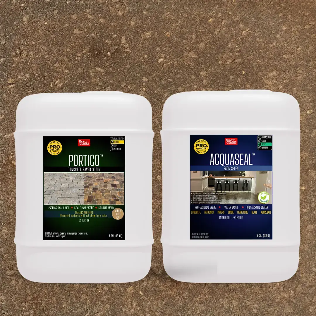 Two large white plastic buckets of ProGrade outdoor sealants on a textured brown ground