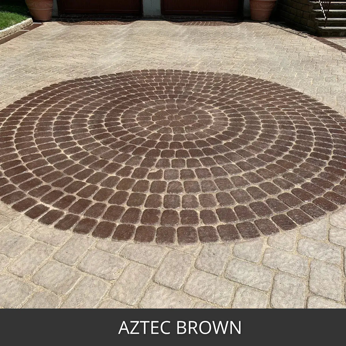 Stained paver circle inlay set into a concrete patio, Portico™ Paver Stain in 702 Aztec Brown