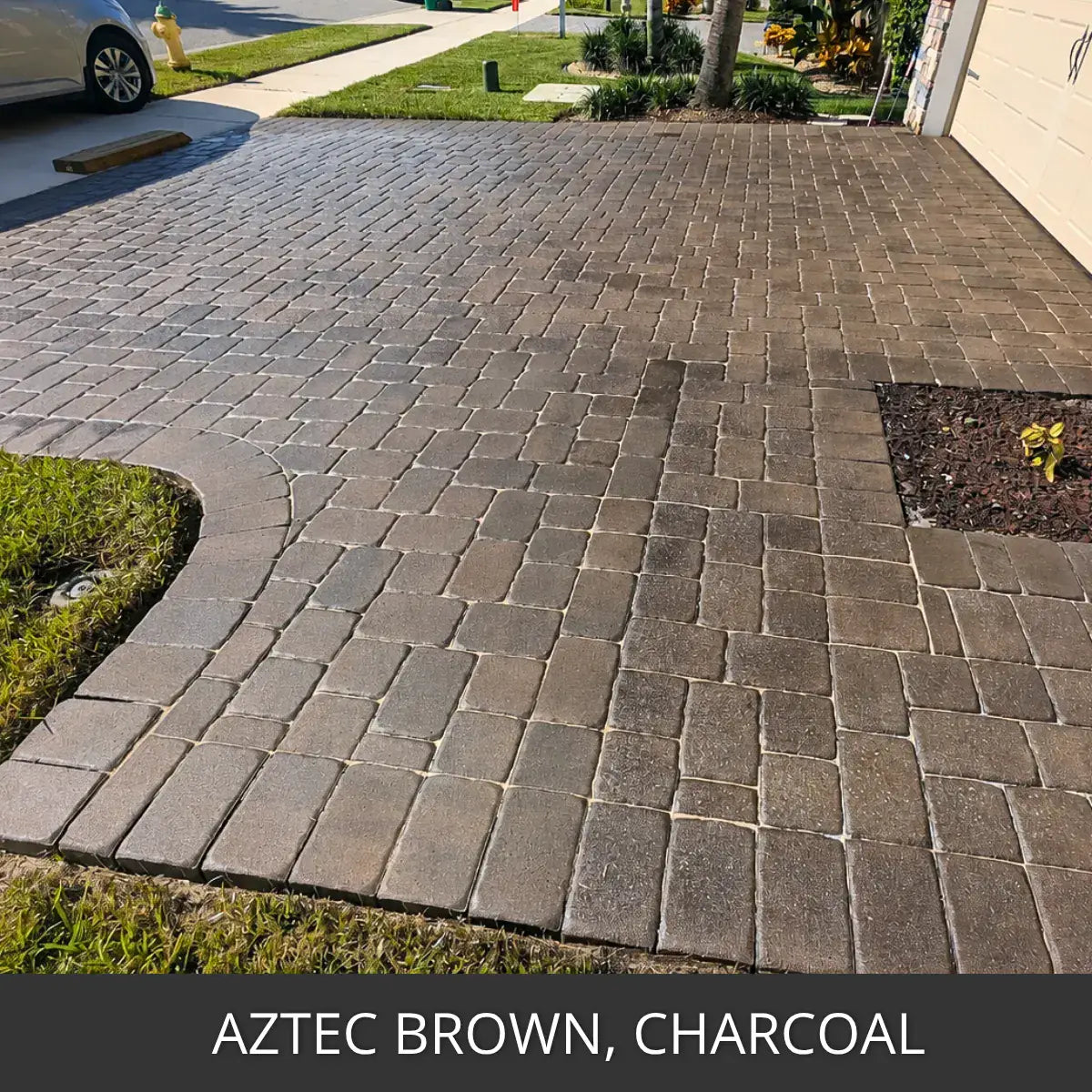Stained paver driveway in a herringbone pattern, Portico™ Paver Stain in Aztec Brown and Charcoal