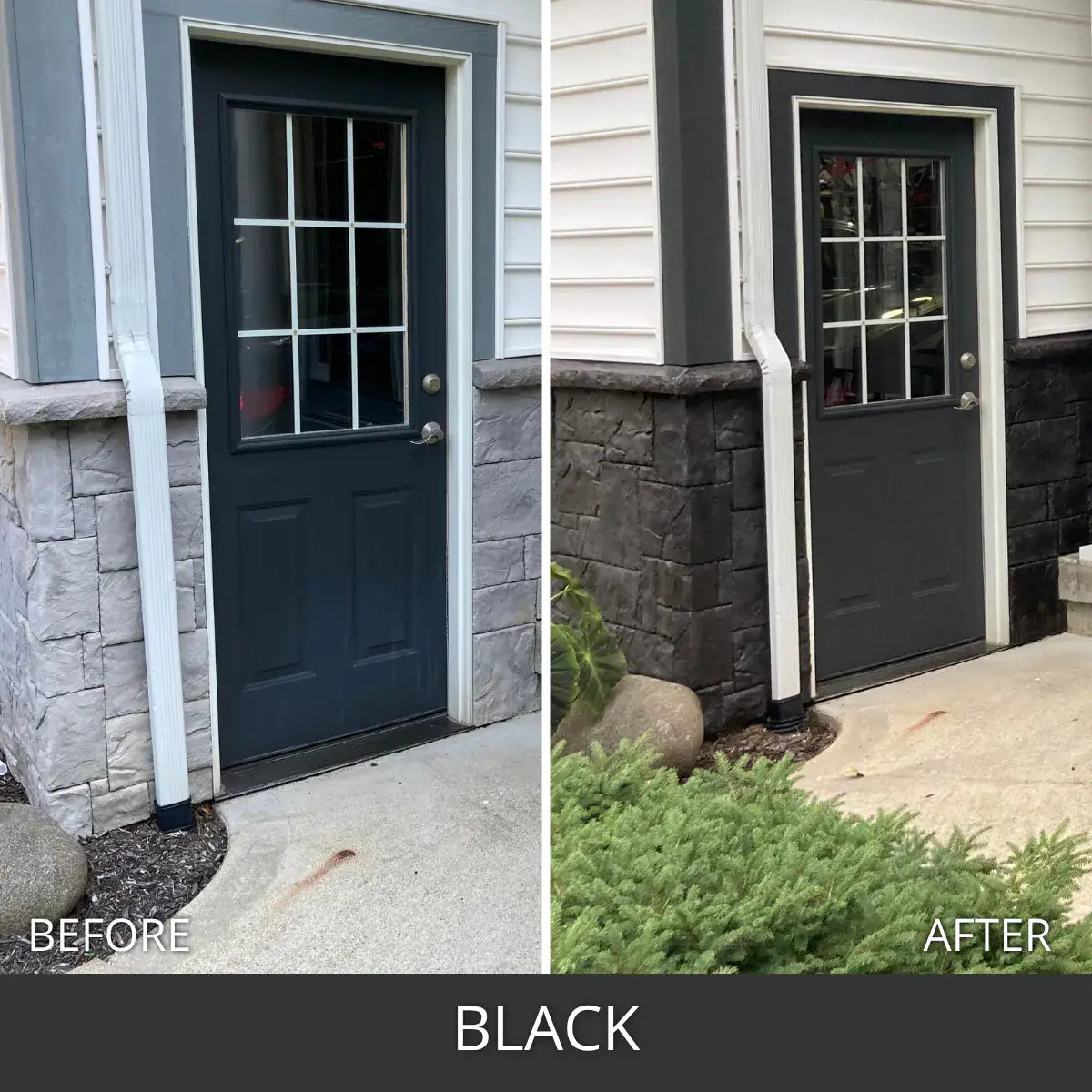 Before and after pair of a stone veneer wall at a side door, Portico™ Paver Stain in 703 Black