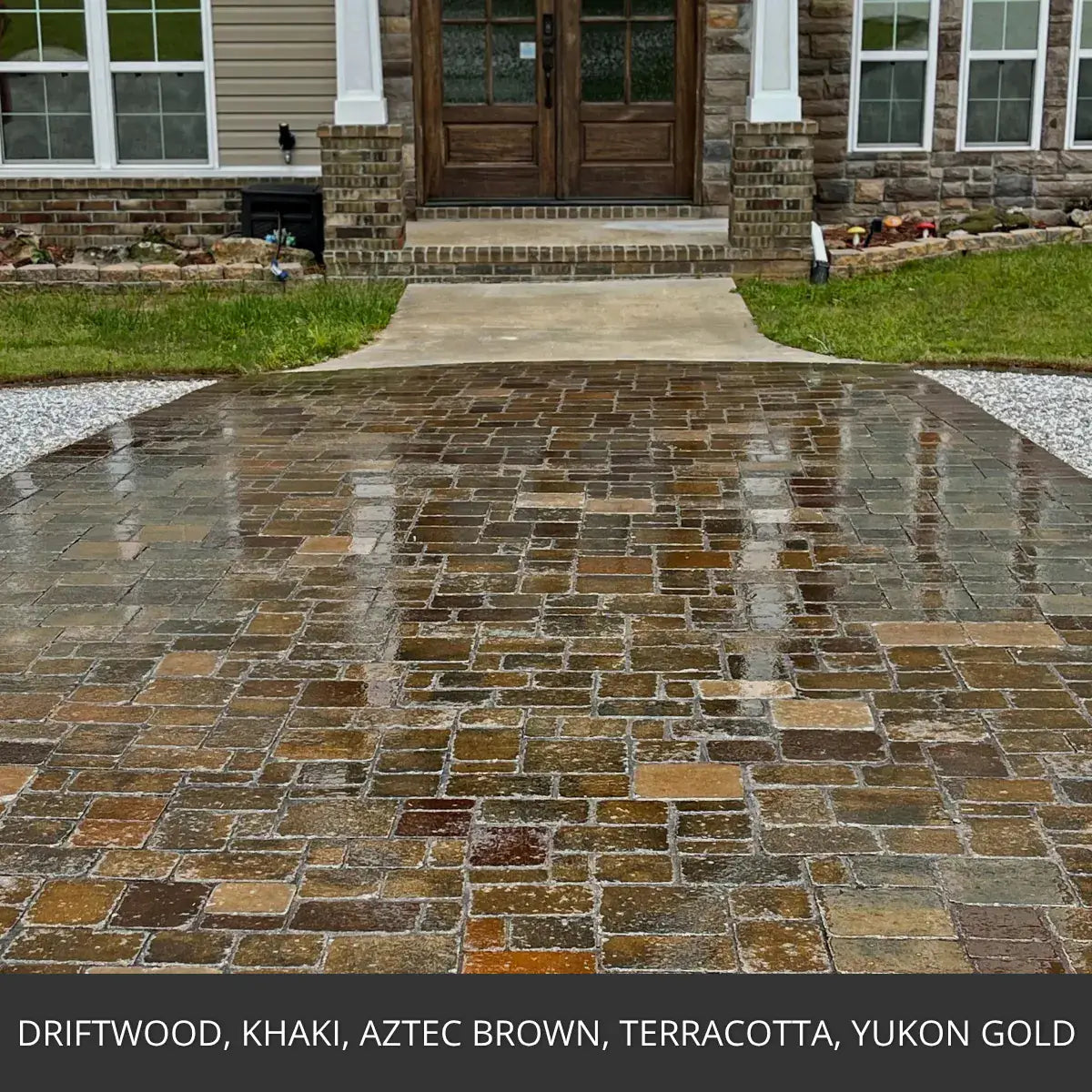 Stained paver walkway and entry at a front door, Portico™ Paver Stain in Driftwood, Khaki, Aztec Brown, Terracotta and Yukon Gold