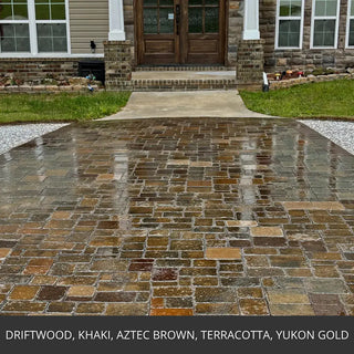 Stained paver walkway and entry at a front door, Portico™ Paver Stain in Driftwood, Khaki, Aztec Brown, Terracotta and Yukon Gold