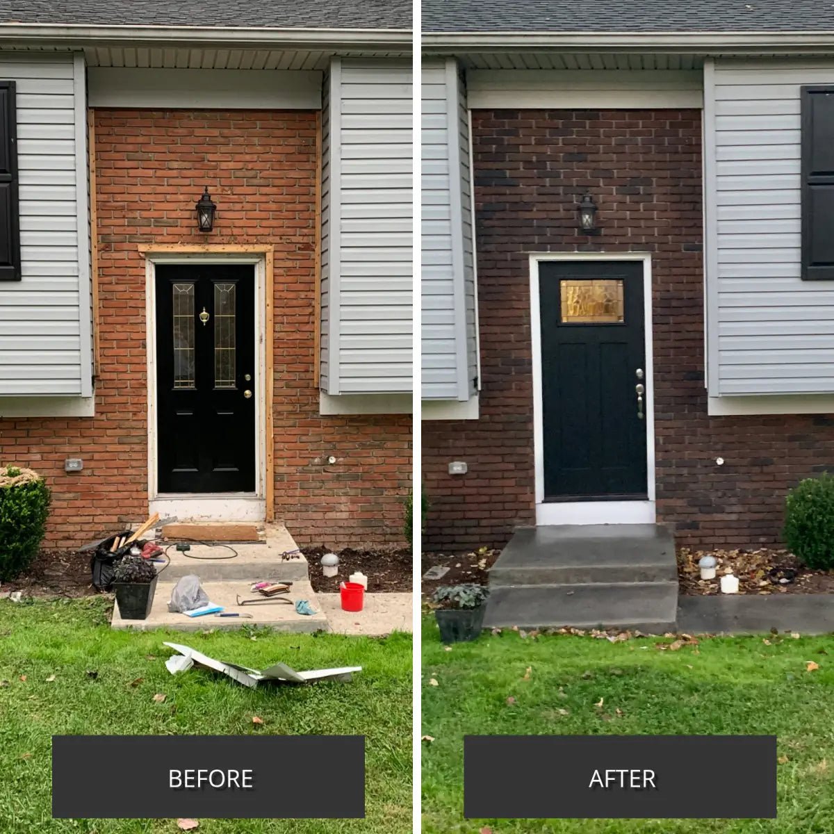 Before and after pair of a paver entry landing at a front door, Portico™ Paver Stain in 706 Charcoal