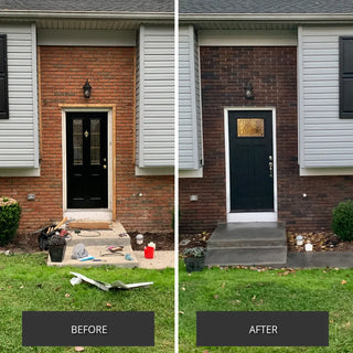 Before and after pair of a paver entry landing at a front door, Portico™ Paver Stain in 706 Charcoal