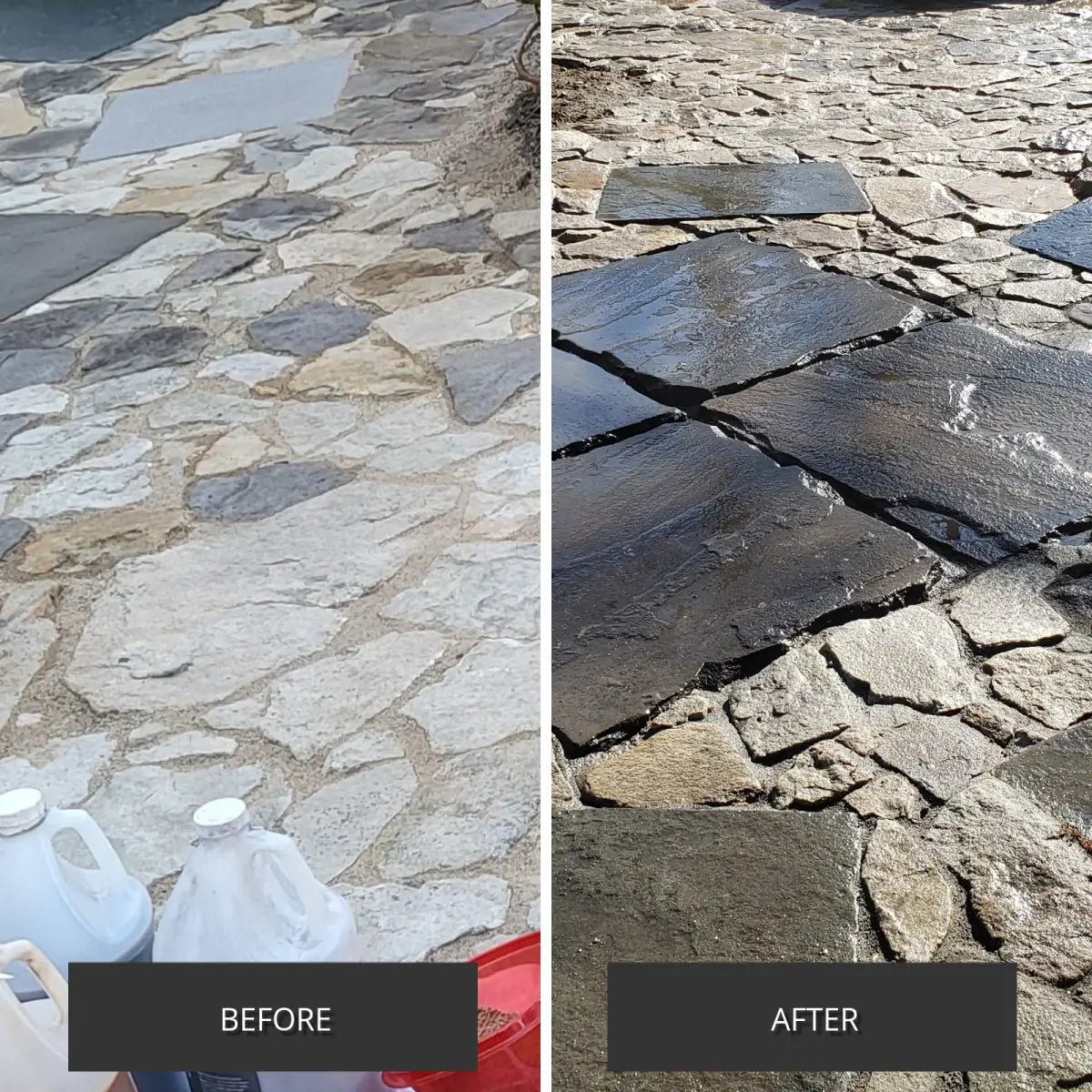 Before and after pair of a natural stone patio, weathered then stained, Portico™ Paver Stain in 706 Charcoal