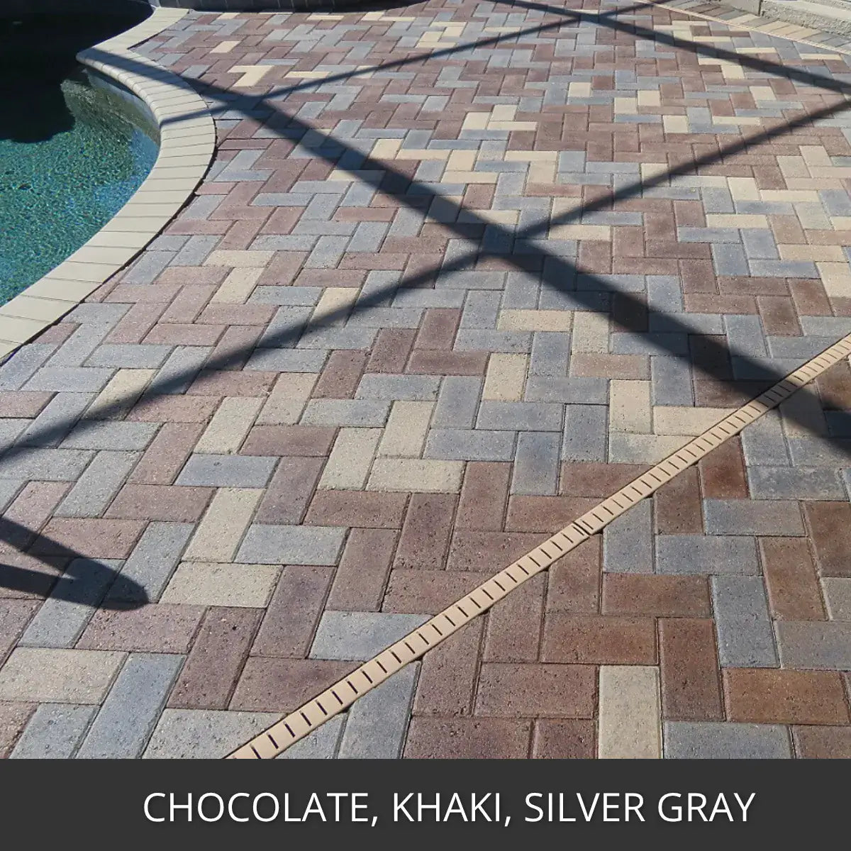 Stained paver pool deck with a sawcut border, Portico™ Paver Stain in Chocolate, Khaki and Silver Gray