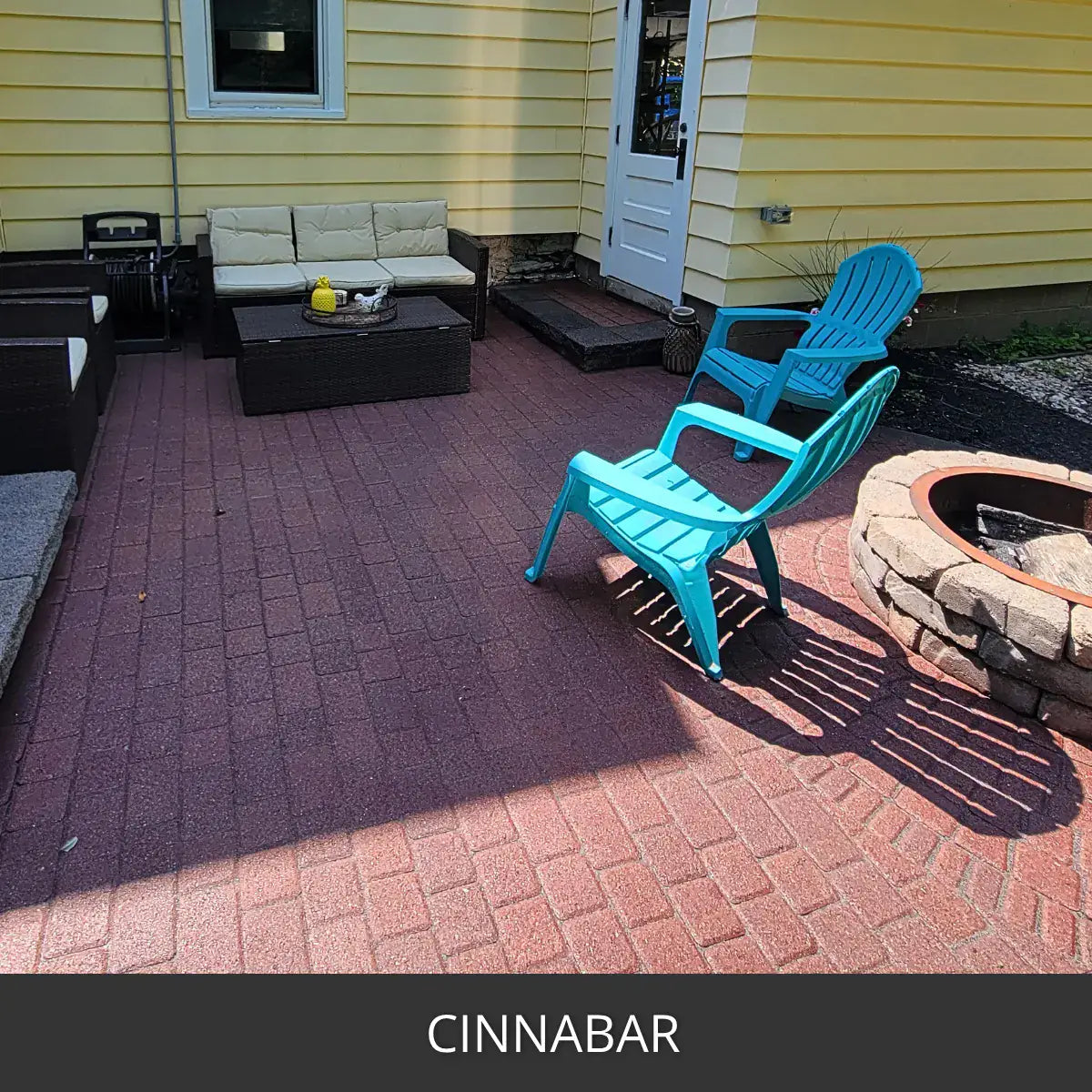 Stained paver patio with a fire pit and outdoor seating, Portico™ Paver Stain in 708 Cinnabar