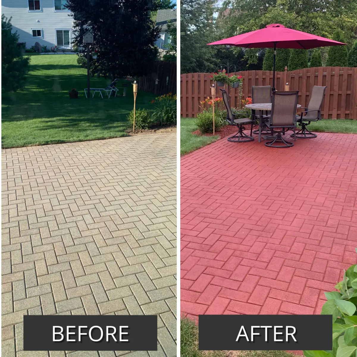 Before and after pair of a paver patio, faded then stained, Portico™ Paver Stain in 709 Crimson