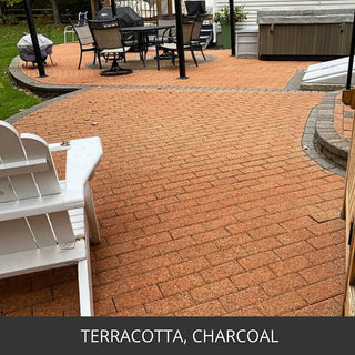 Stained paver patio with a hot tub and outdoor furniture, Portico™ Paver Stain in Terracotta and Charcoal