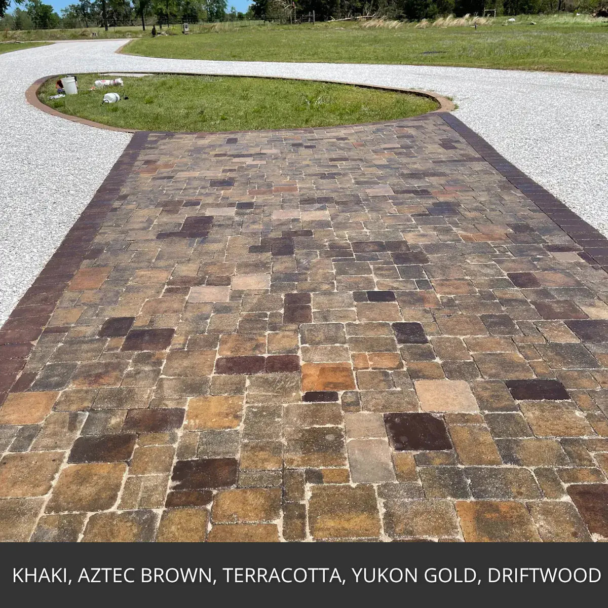 Stained paver patio in a mixed color cobble pattern, Portico™ Paver Stain in Khaki, Aztec Brown, Terracotta, Yukon Gold and Driftwood