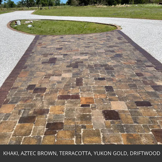 Stained paver patio in a mixed color cobble pattern, Portico™ Paver Stain in Khaki, Aztec Brown, Terracotta, Yukon Gold and Driftwood