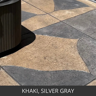 Stained paver patio in a random flagstone pattern beside a hot tub, Portico™ Paver Stain in Khaki and Silver Gray