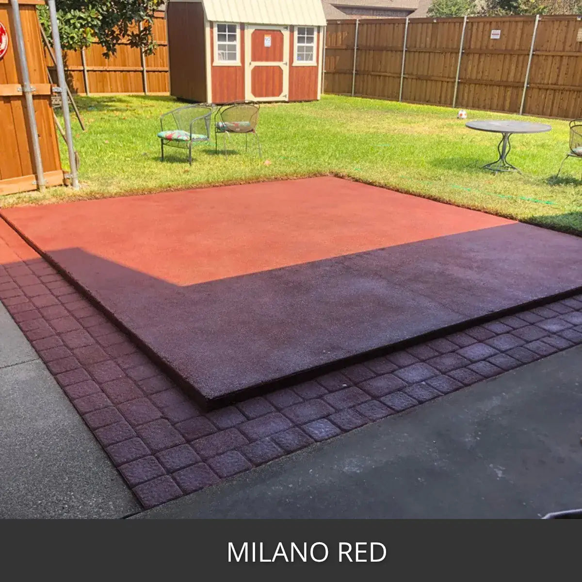 Stained concrete slab and paver border in a back yard, Portico™ Paver Stain in 719 Milano Red