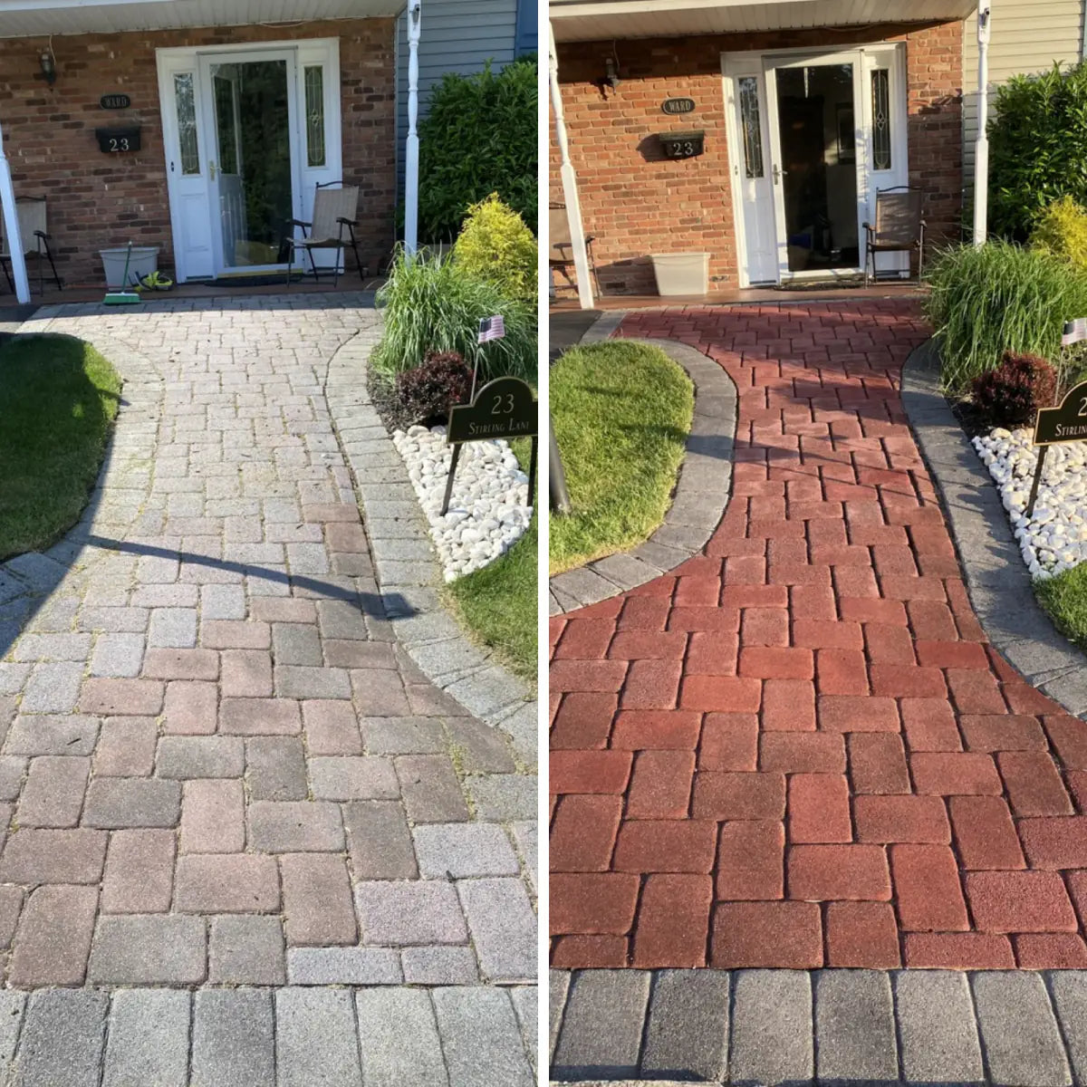 Before and after pair of a paver walkway at a front entry, Portico™ Paver Stain in 719 Milano Red