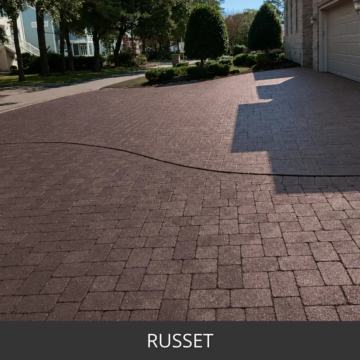 Stained paver driveway curving to a garage, Portico™ Paver Stain in 723 Russet