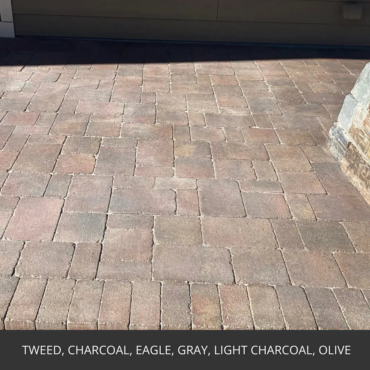 Stained paver patio in a mixed color running bond pattern, Portico™ Paver Stain in Tweed, Charcoal, Eagle Gray and Light Charcoal