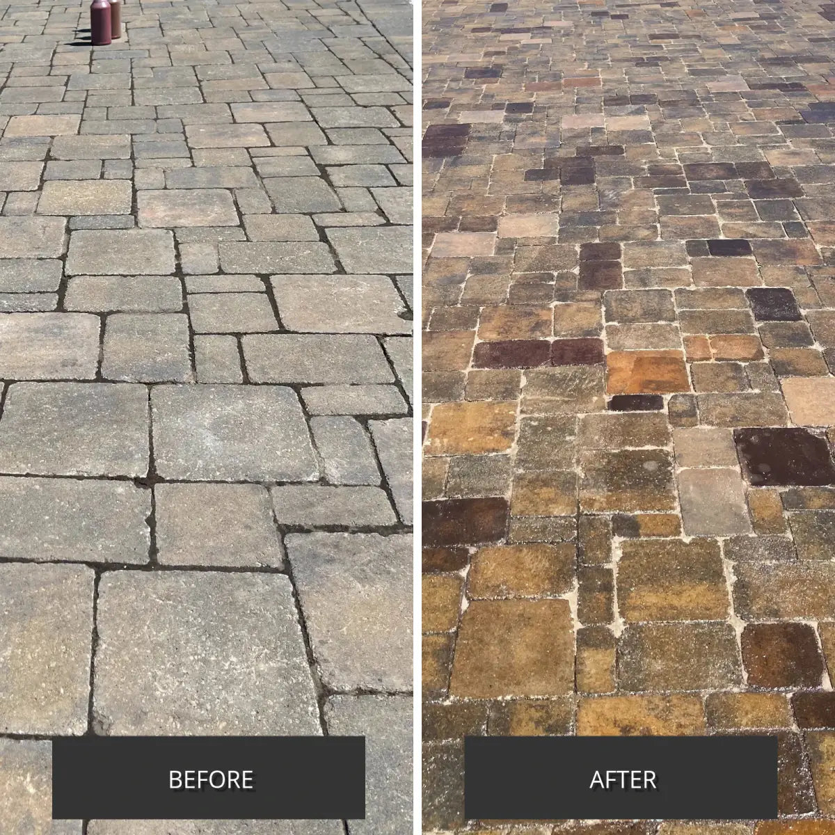 Before and after pair of a paver walkway, faded then stained, Portico™ Paver Stain in 730 Yukon Gold