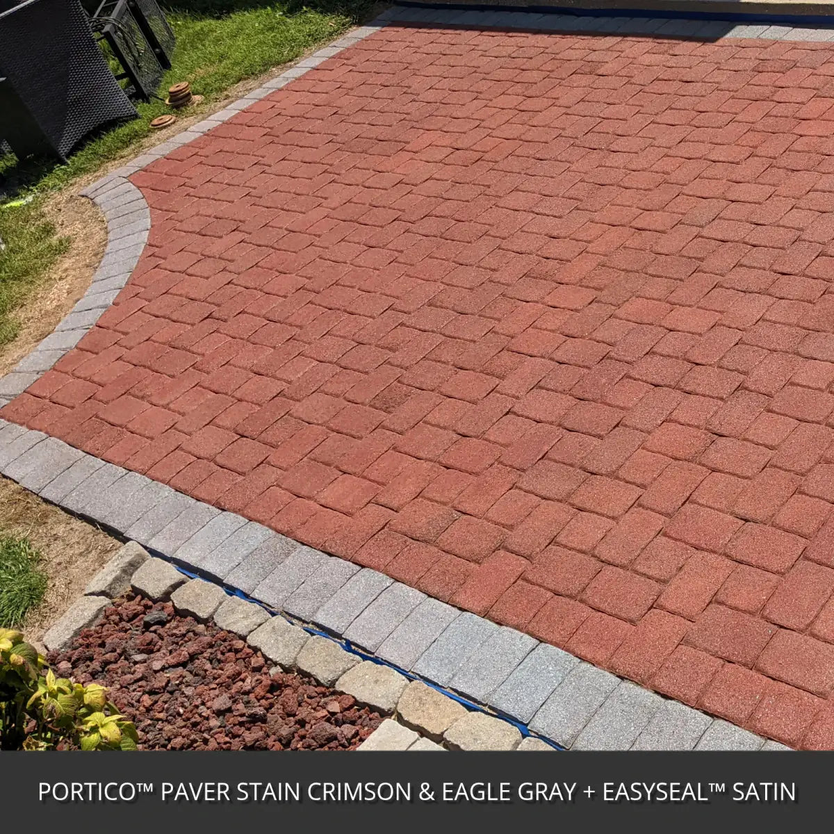 Stained paver patio with a contrasting border band, Portico™ Paver Stain in Crimson and Eagle Gray with EasySeal™ Satin