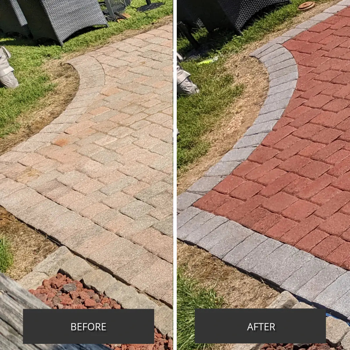 Before and after pair of a paver walkway, faded then stained, Portico™ Paver Stain in 731 Eagle Gray