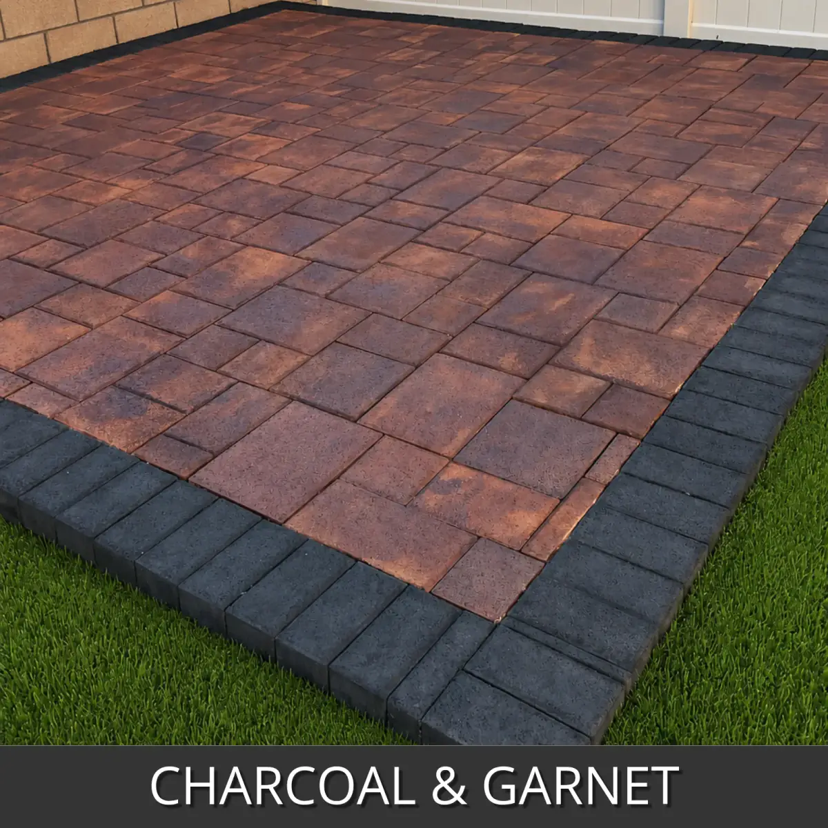corner patio with pavers stained with pavewave garnet and charcoal edging