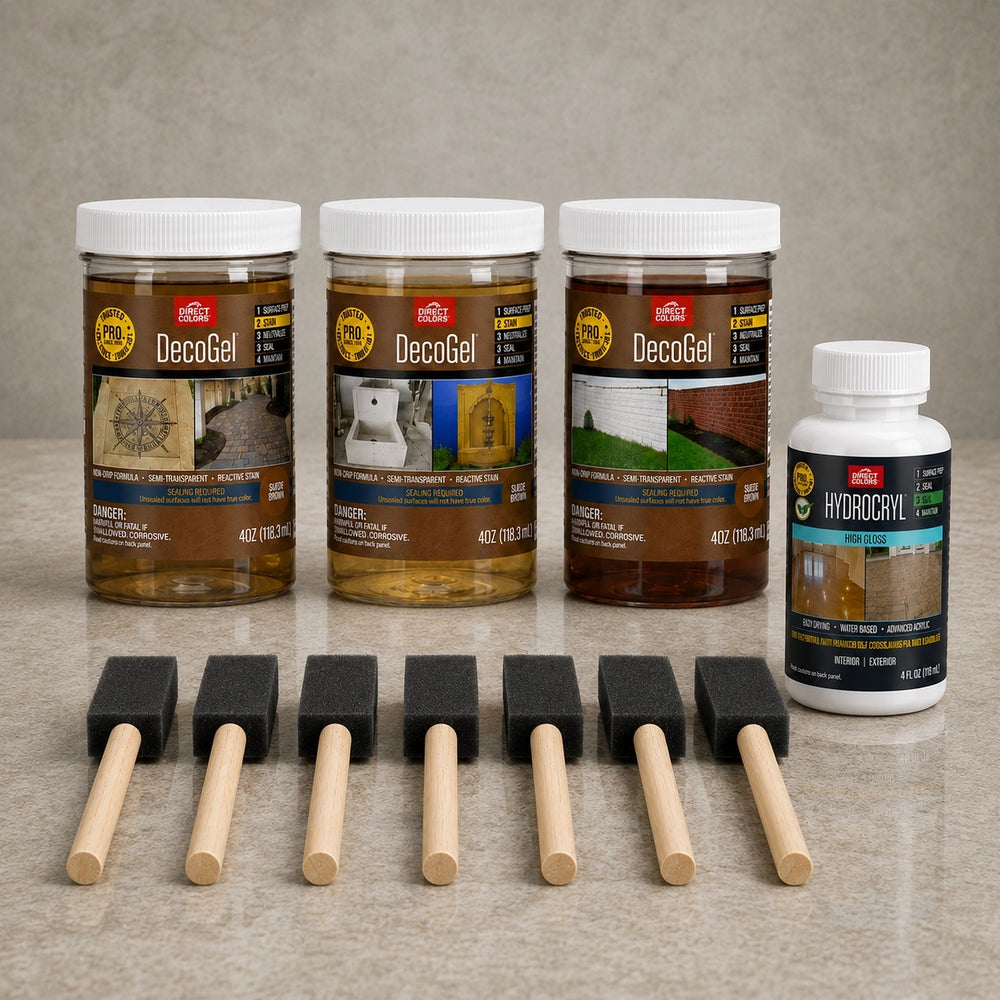 DecoGel™ Acid Stain trial kit with three sample jars, HydroCryl™ and foam applicators