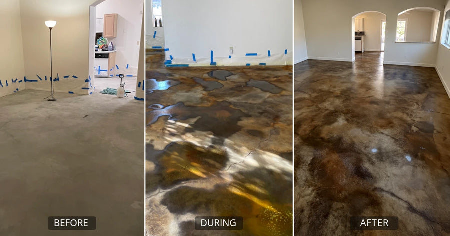 Brendan Crouse's floor shown before, during application, and finished in Black, Malayan Buff, and Seagrass