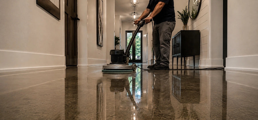 Contractor burnishing ProWax Polish on a stained interior concrete floor with a low-speed 175 to 300 RPM floor buffer and a white polishing pad to drive a harder glossier finish