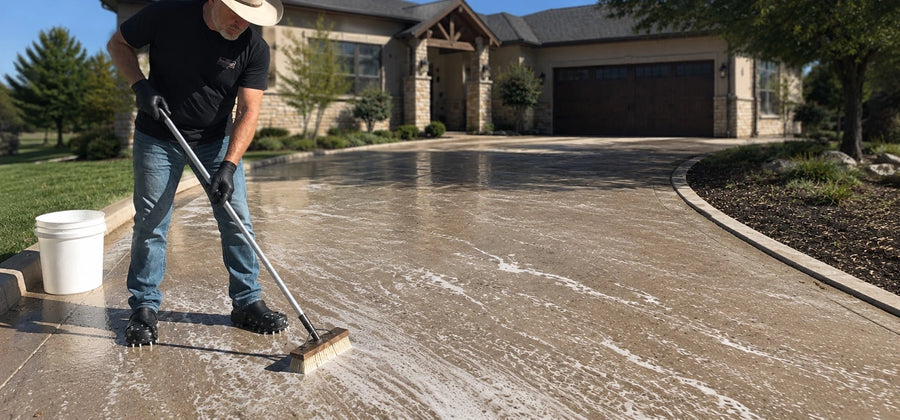 Contractor pouring CitrusEtch acid etch onto a raw concrete driveway and scrubbing it into the surface with a stiff nylon brush to open the pores for sealer adhesion
