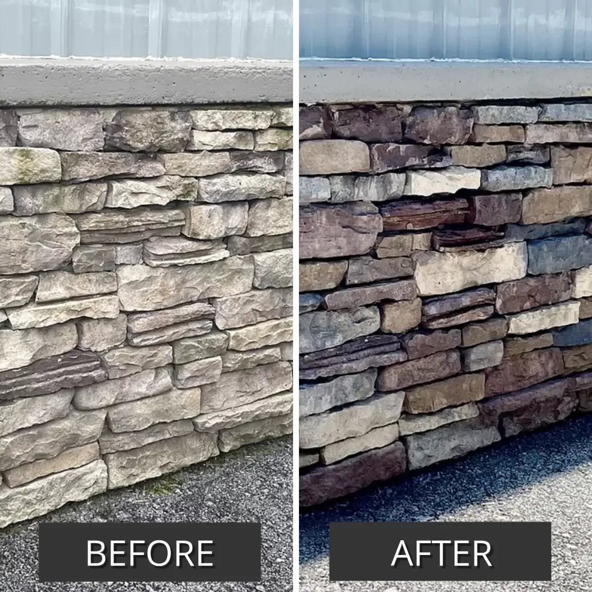 Before and after pair of a stone veneer wall, faded then stained, Portico™ Paver Stain in Auburn, Charcoal, Driftwood and Khaki