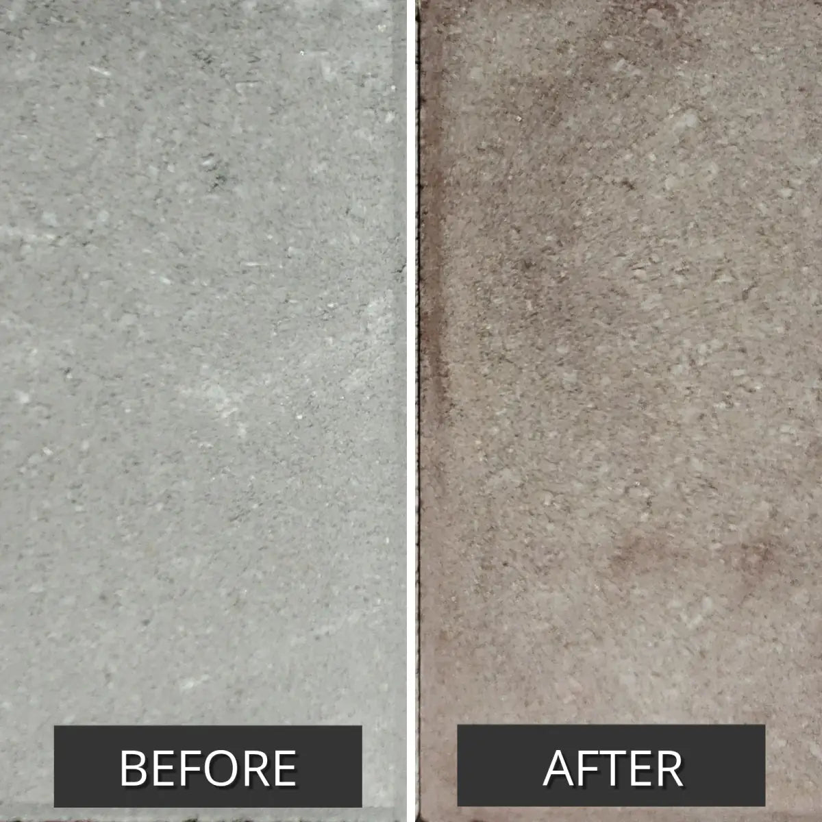 Before and after pair of a paver surface, faded then stained, Portico™ Paver Stain in 701 Auburn