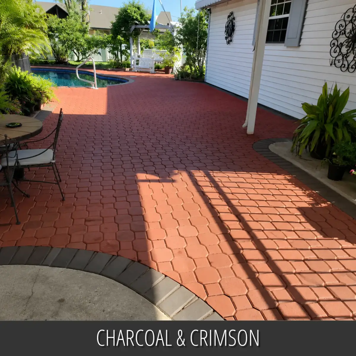 Stained paver pool deck with a contrasting border, Portico™ Paver Stain in Charcoal and Crimson