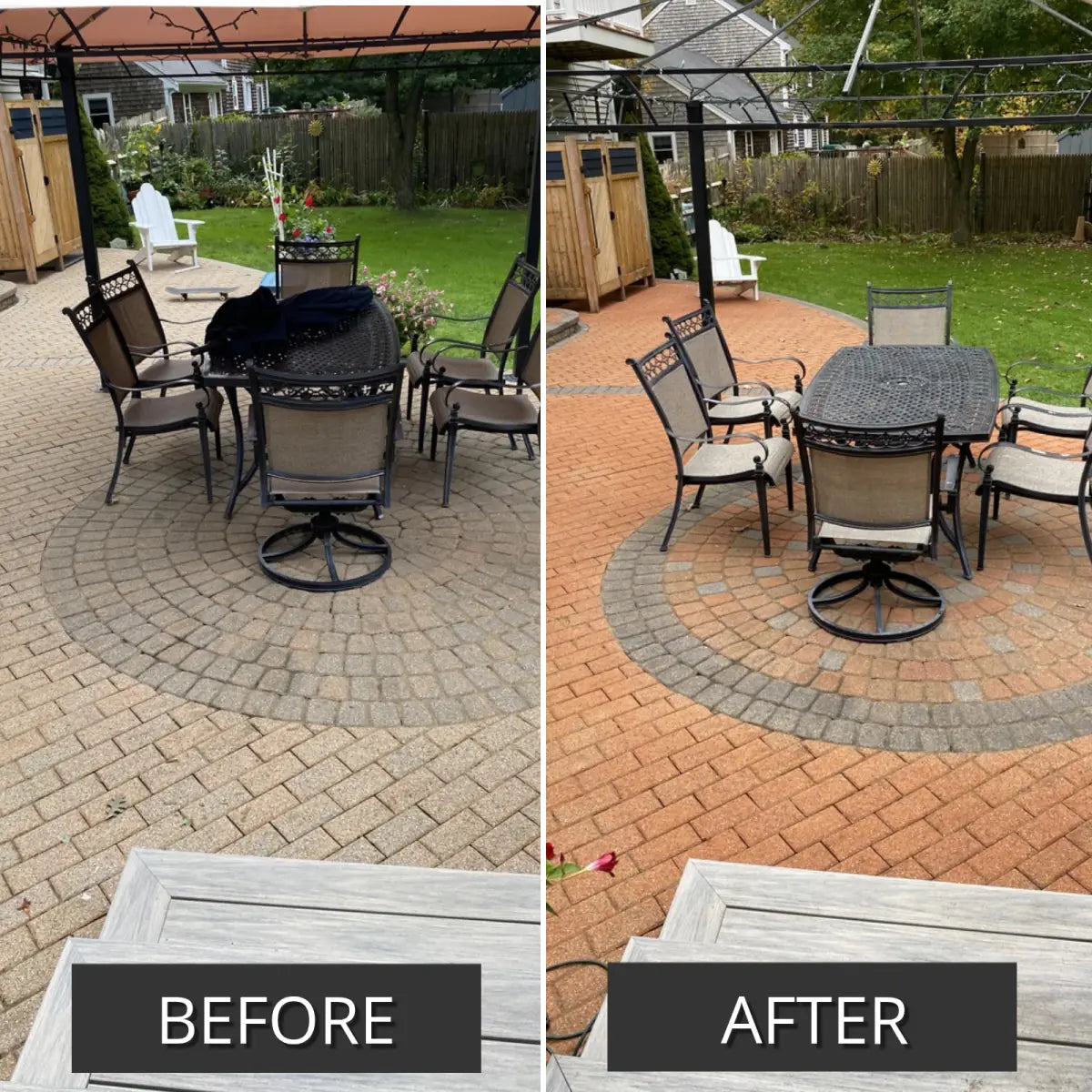 Before and after pair of a paver patio with a dining set, faded then stained, Portico™ Paver Stain in Charcoal, Terracotta and Silver Gray
