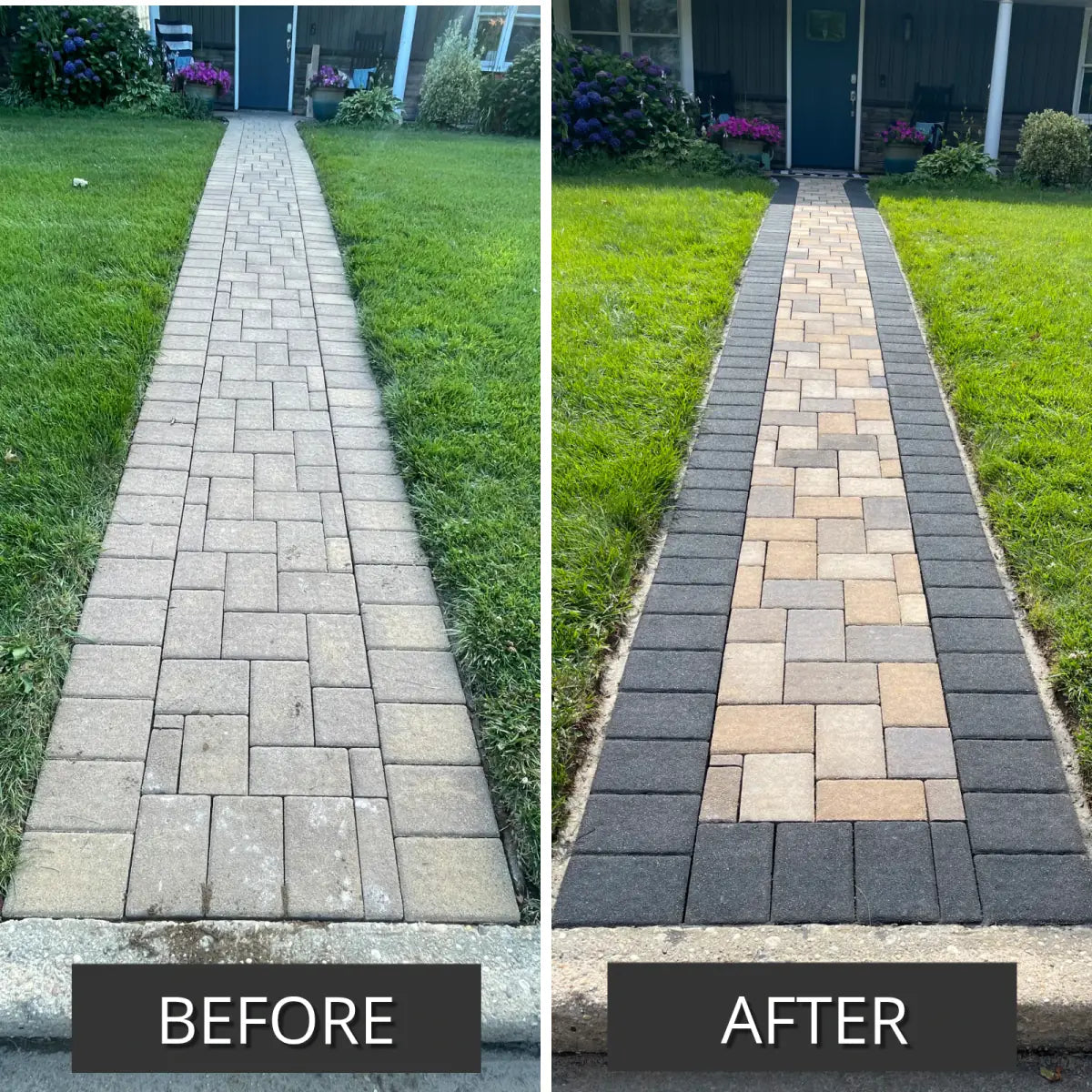 Before and after pair of a paver walkway across a lawn, faded then stained, Portico™ Paver Stain in Charcoal, Khaki and Silver Gray
