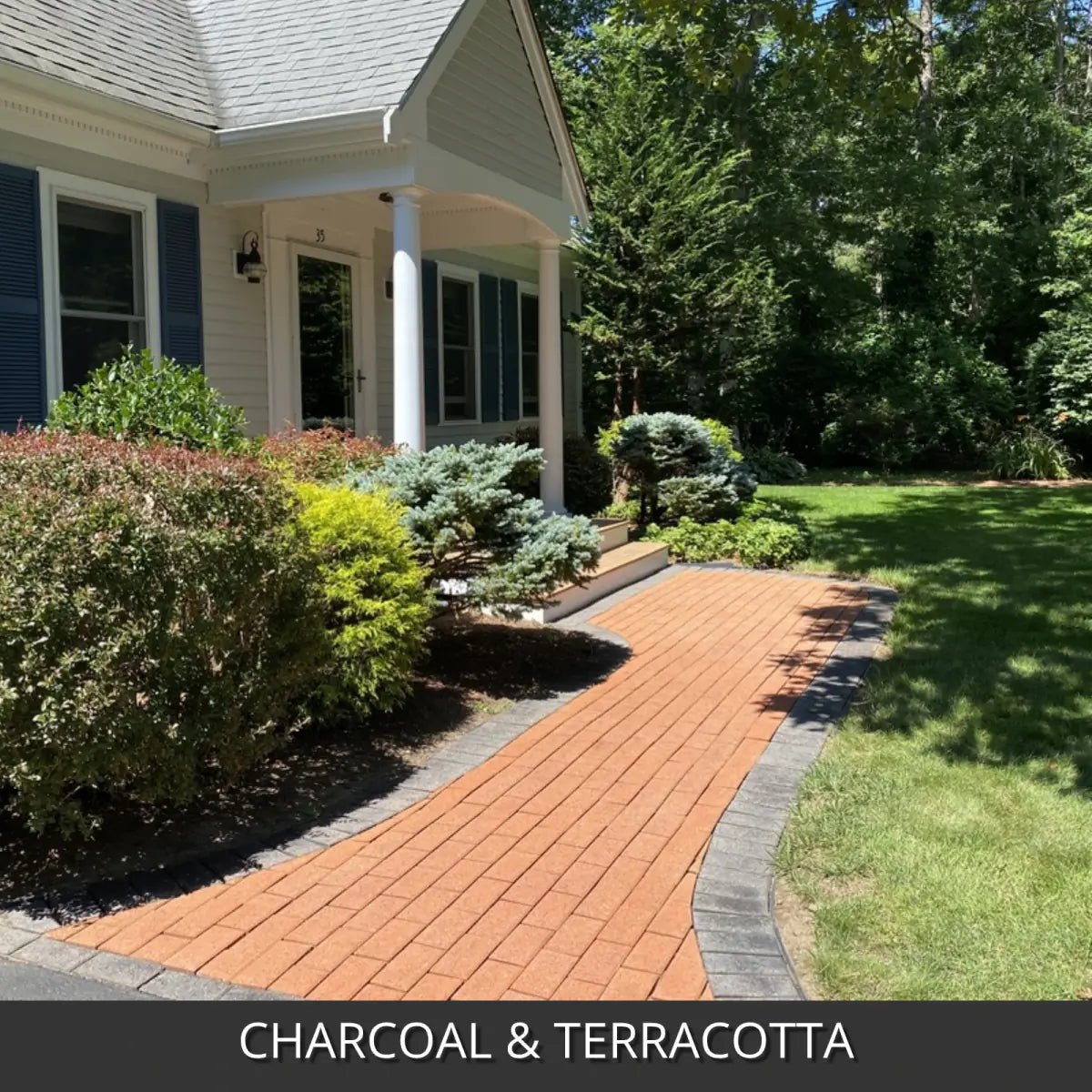 Stained paver walkway curving to a front porch, Portico™ Paver Stain in Charcoal and Terracotta