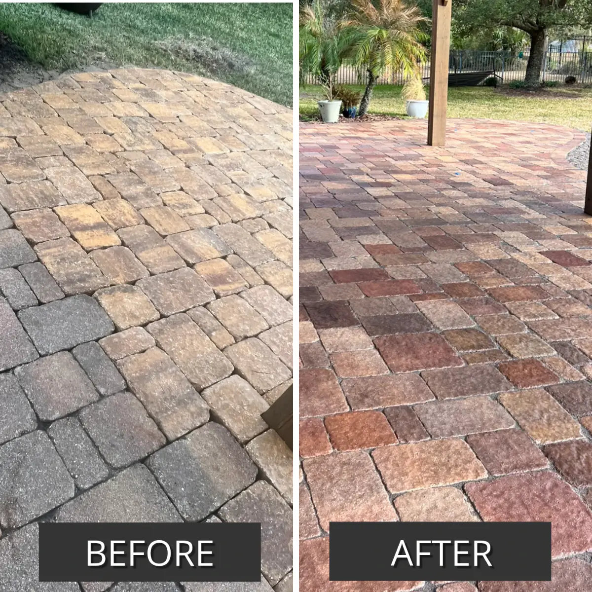 Before and after pair of a faded paver patio, then stained, Portico™ Paver Stain in 709 Crimson