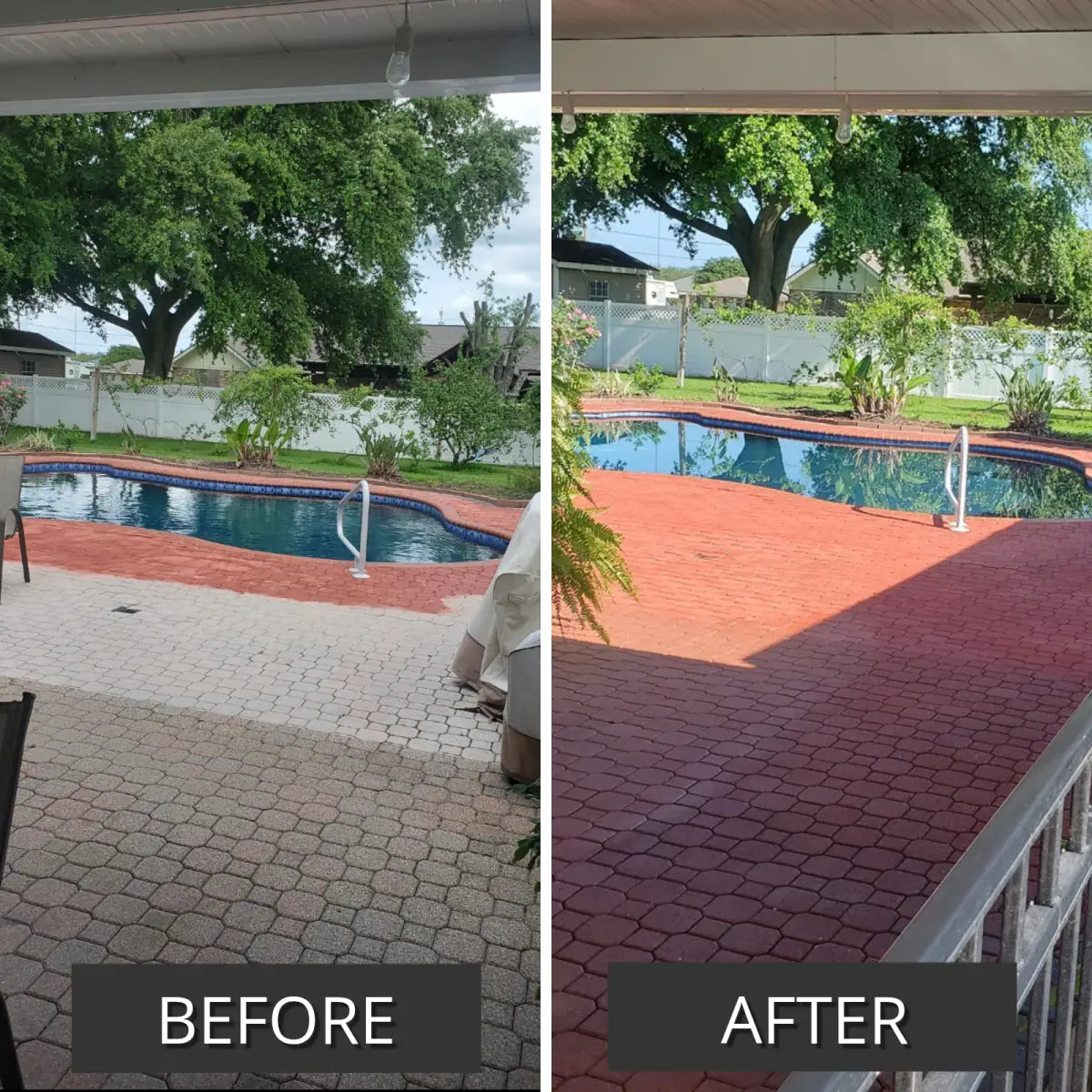Before and after pair of a faded paver pool deck, then stained, Portico™ Paver Stain in 709 Crimson