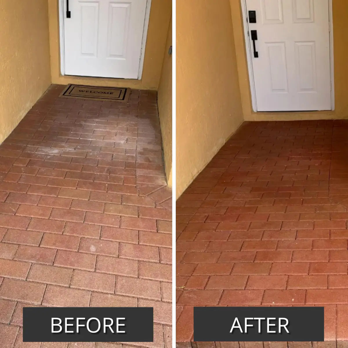 Before and after pair of a paver porch floor, faded then stained, Portico™ Paver Stain in 709 Crimson
