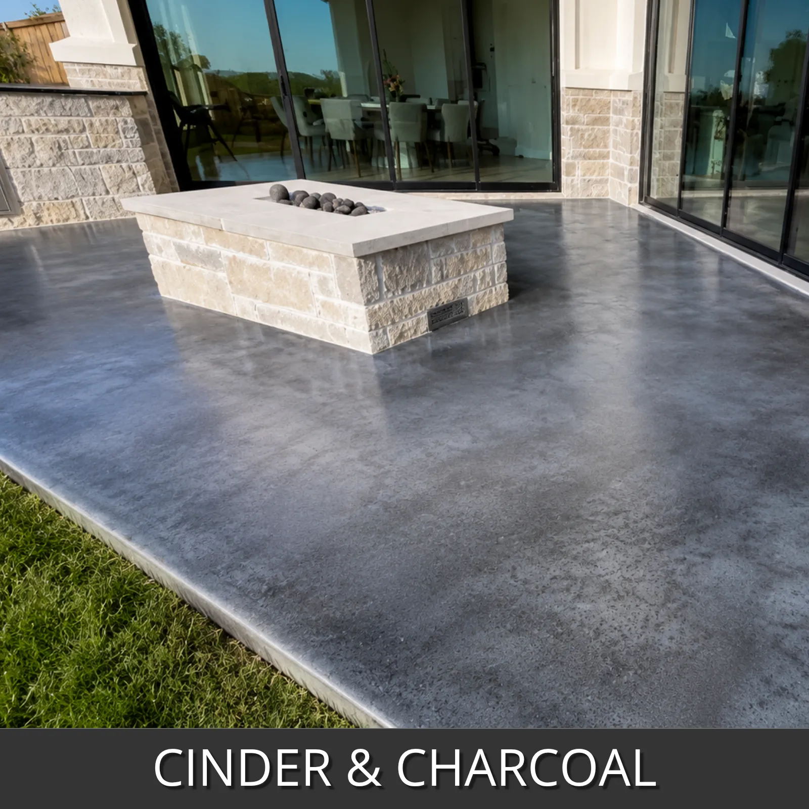 PaveWave charcoal and cynder stained modern patio with stone fire pit