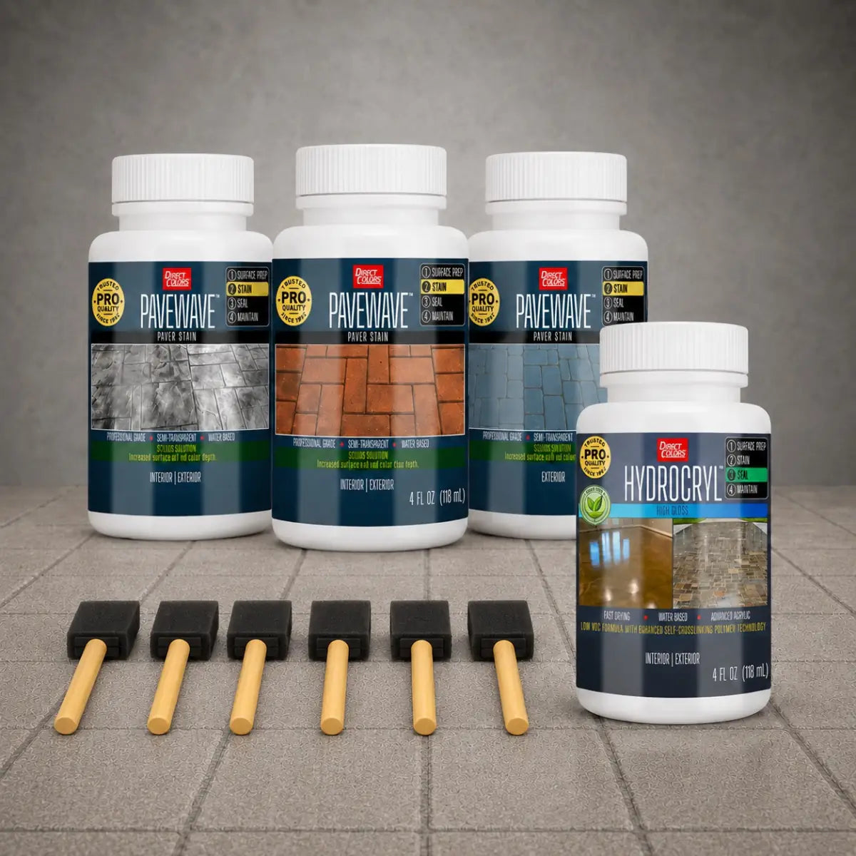 PaveWave™ Paver Stain trial kit with three sample bottles, HydroCryl™ and foam applicators