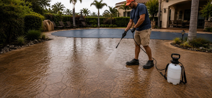 Contractor spraying HydroCryl water-based concrete sealer onto a stamped concrete pool deck using a pump sprayer with a fan-tip nozzle