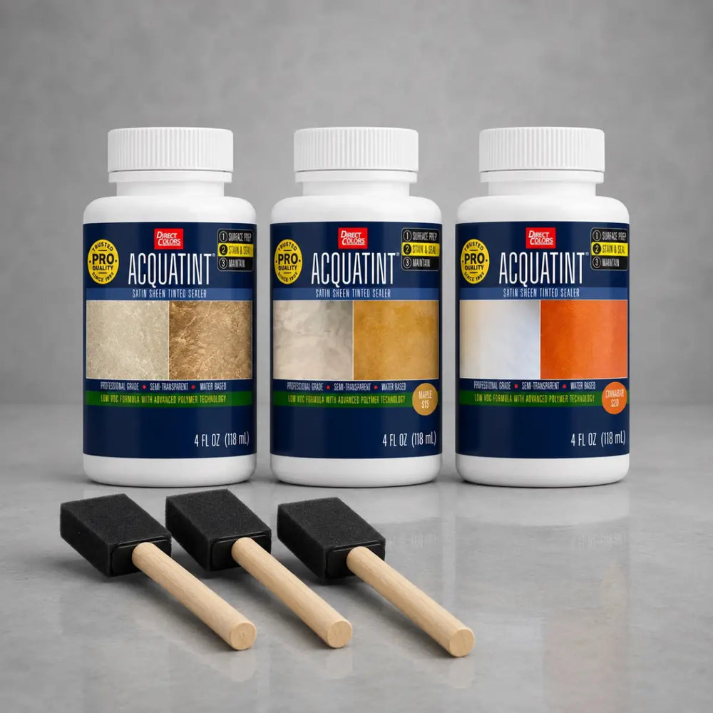 AcquaTint™ PRO Colored Sealer trial kit with three sample bottles and foam applicators