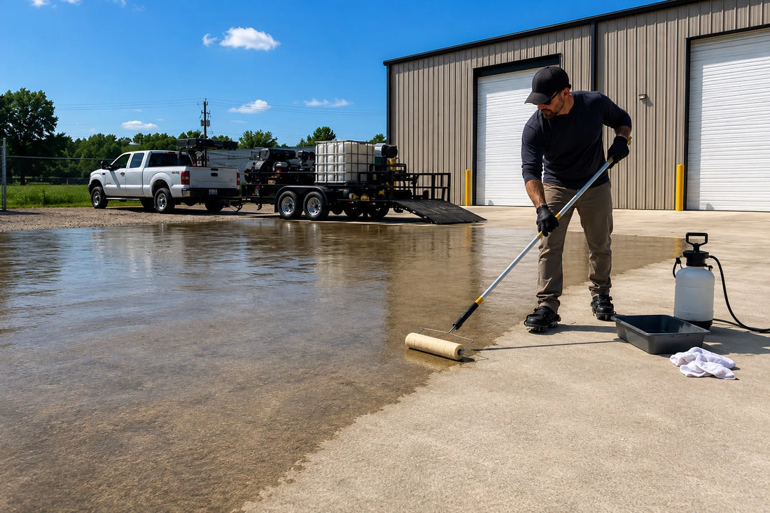 Person cleaning a concrete surface with a roller and detergent bottle, with a building and truck in the background.