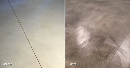 Before and after: drab basement concrete floor brought to life with ColorWave steel gray stain