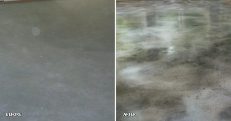Before and after: dull basement concrete floor brightened with Black and White Vibrance Dye