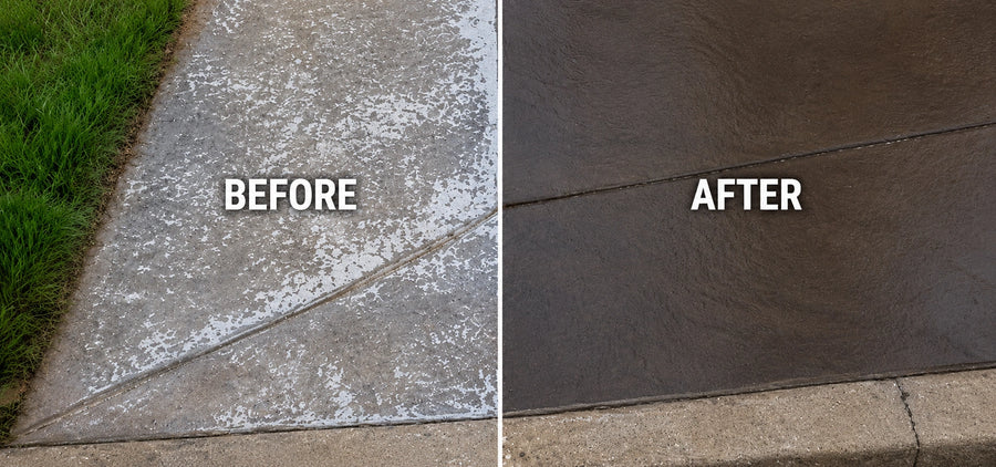 Side-by-side concrete slab showing a failed sealer with milky cloudiness on the left and a clean cured sealer finish on the right, illustrating recovery from sealer failure