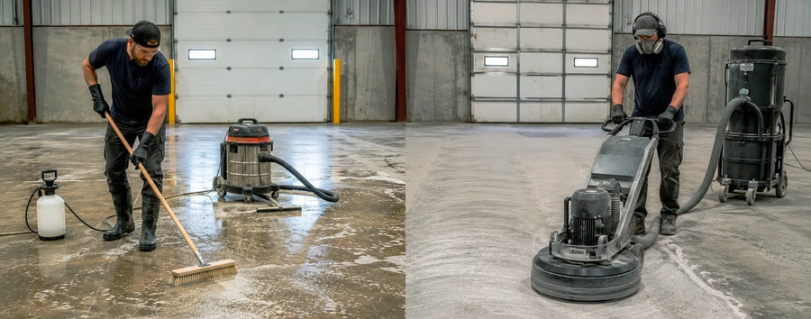 Side-by-side concrete prep: acid etching on the left, diamond grinding on the right