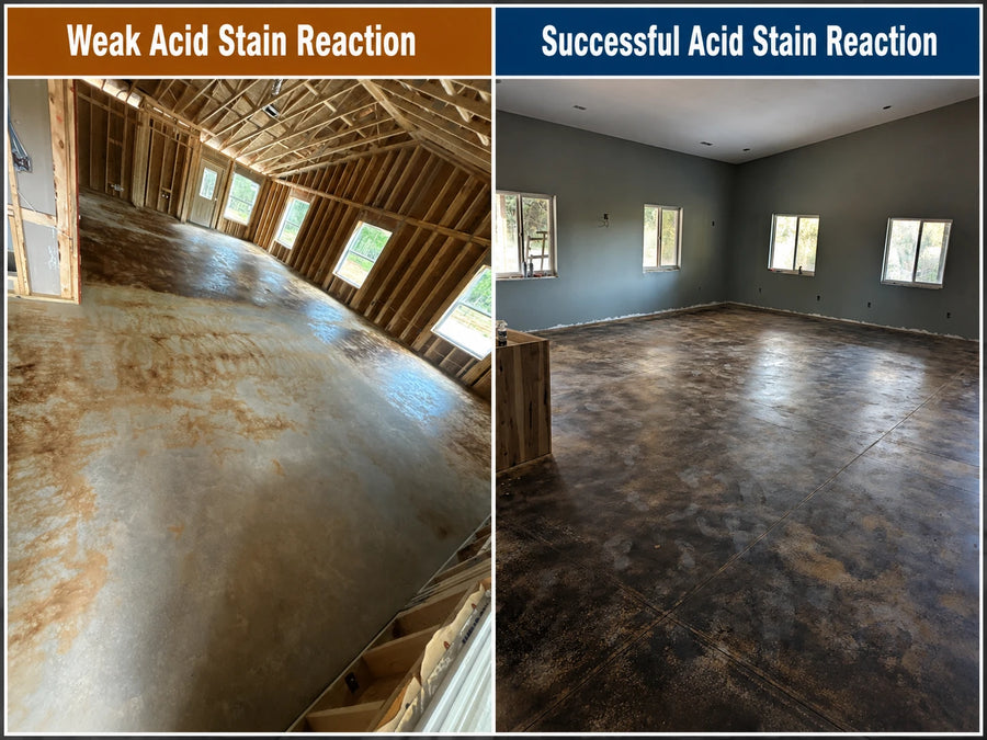 Weak acid stain reaction compared with successful acid stain reaction on concrete, showing why testing concrete before staining is important