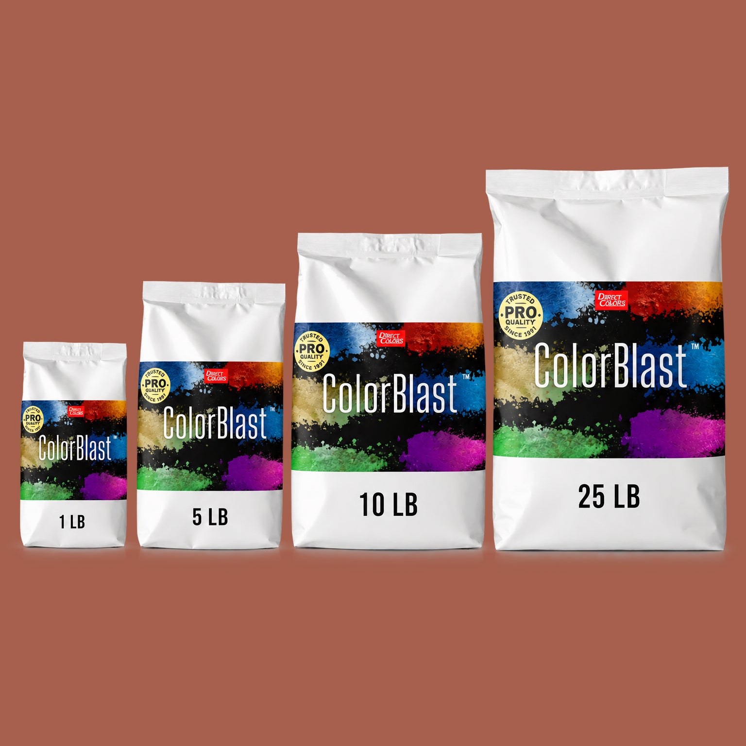 Merlot concrete pigment powder — Direct Colors color 101, 3 lb per 94 lb sack, cured over grey cement shown with the product bag