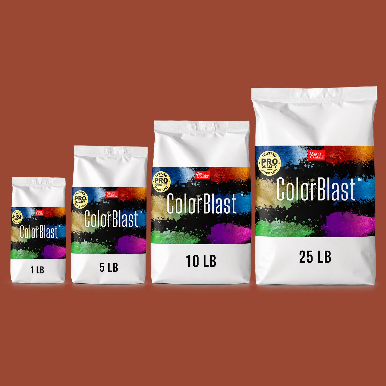 Fire Brick concrete pigment powder — Direct Colors color 101, 5 lb per 94 lb sack, cured over grey cement shown with the product bag