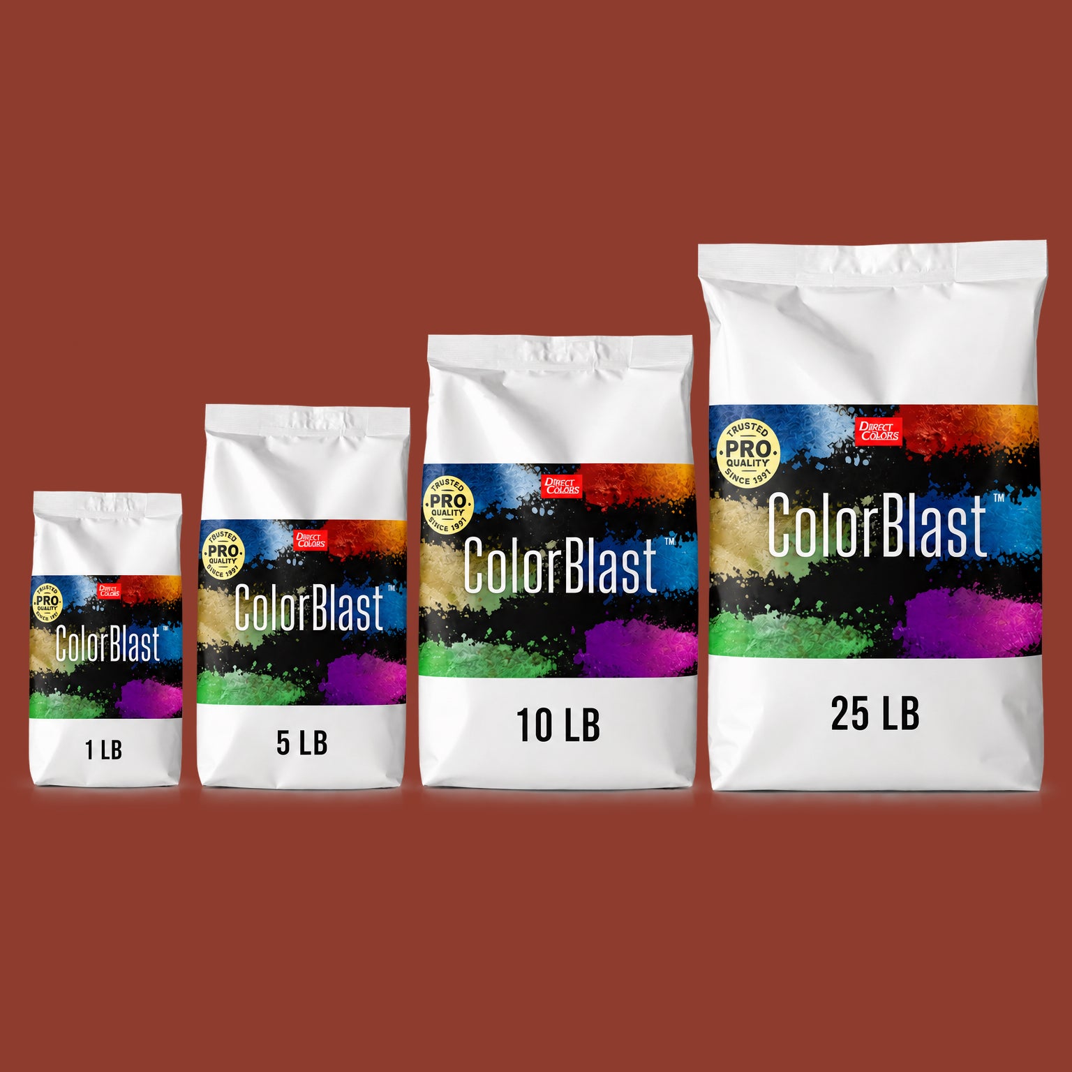 Turkey Red concrete pigment powder — Direct Colors color 101, 7 lb per 94 lb sack, cured over grey cement shown with the product bag